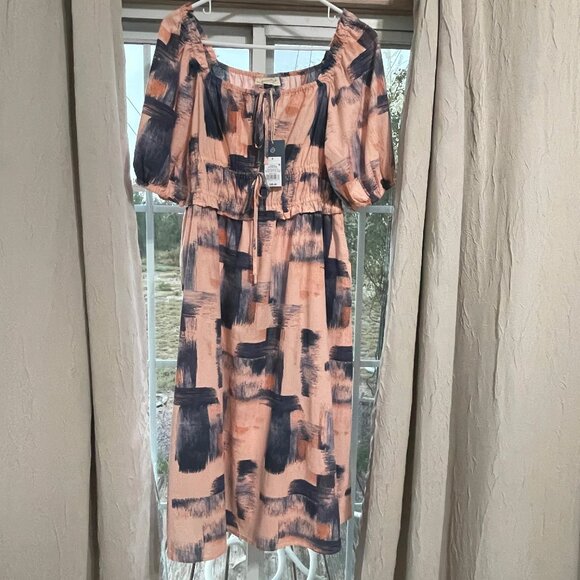 Universal Thread Small Navy Blue Pink Peach Dress Cotton Pockets Puff Sleeves - Picture 3 of 15